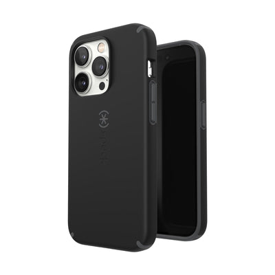 Three-quarter view of back of phone case simultaneously shown with three-quarter front view of phone case#color_black-slate-grey