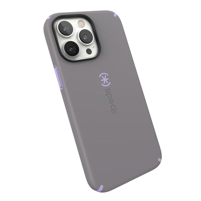 Tilted three-quarter angled view of back of phone case#color_cloudy-grey-spring-purple