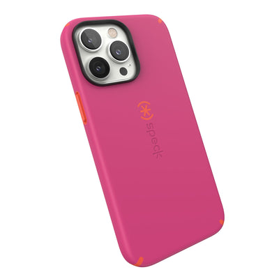 Tilted three-quarter angled view of back of phone case#color_digital-pink-energy-red