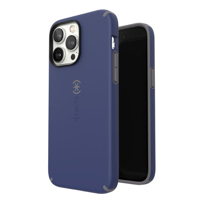 Three-quarter view of back of phone case simultaneously shown with three-quarter front view of phone case#color_prussian-blue-cloudy-grey