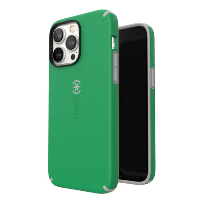 Three-quarter view of back of phone case simultaneously shown with three-quarter front view of phone case#color_renew-green-sweater-grey