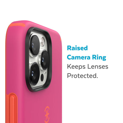 Slightly tilted view of side of phone case showing phone cameras - Raised camera ring keeps lenses protected.#color_digital-pink-energy-red