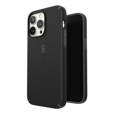 Three-quarter view of back of phone case simultaneously shown with three-quarter front view of phone case#color_black-slate-grey