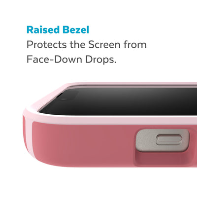 View of top of phone case laying on its back - Raised bezel protects the screen from face-down drops.#color_sweet-coral-light-coral