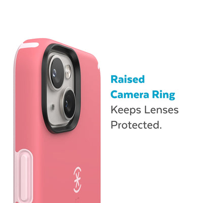 Slightly tilted view of side of phone case showing phone cameras - Raised camera ring keeps lenses protected.#color_sweet-coral-light-coral