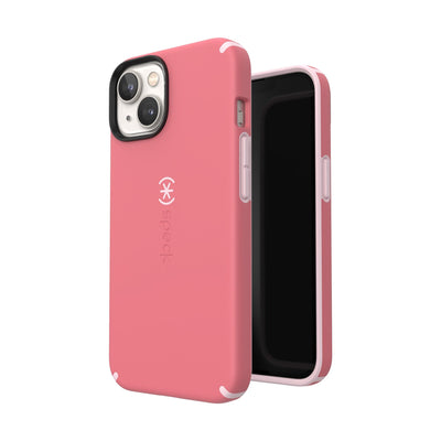 Three-quarter view of back of phone case simultaneously shown with three-quarter front view of phone case#color_sweet-coral-light-coral