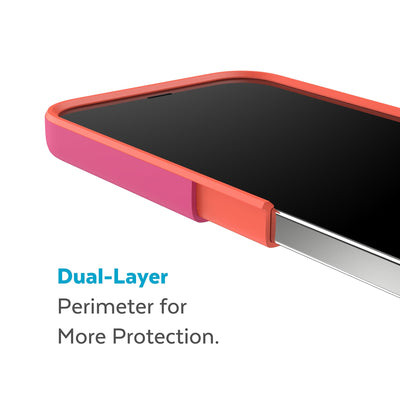 Cutaway view of case showing interior and exterior layers - Dual layer perimeter for more protection.#color_digital-pink-energy-red