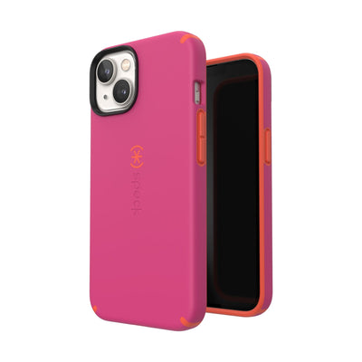 Three-quarter view of back of phone case simultaneously shown with three-quarter front view of phone case#color_digital-pink-energy-red