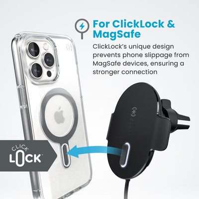 Charging car vent mount with ClickLock attachment bolt extended to illustrate how it attaches to a phone case. Text reads For ClickLock and MagSafe - ClickLock's unique design prevents phone slippage from MagSafe devices, ensuring a stronger connection#color_black