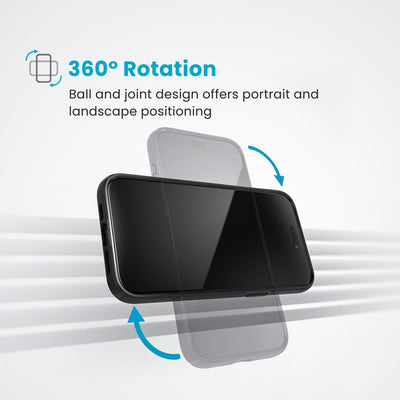 A phone in case is shown attached to the charging vent mount in both portrait and landscape views. Text reads  360-degree rotation - ball and joint design offers portrait and landscape positioning#color_black