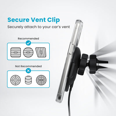 Side view of phone in case attached to charging car vent mount. Illustration of recommended auto vents is displayed. Text reads Secure Vent Clip - Securely attach to your car's vent#color_black