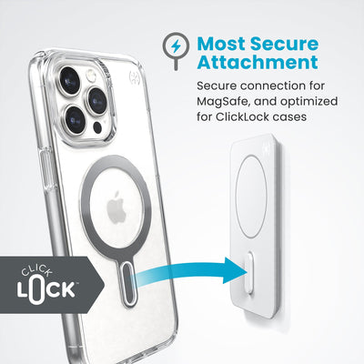 Everywhere Mount with ClickLock attachment bolt extended to illustrate how it attaches to a phone case. Text reads Most Secure Attachment - Secure connection for MagSafe, and optimized for ClickLock cases#color_chantilly-white-serene-silver