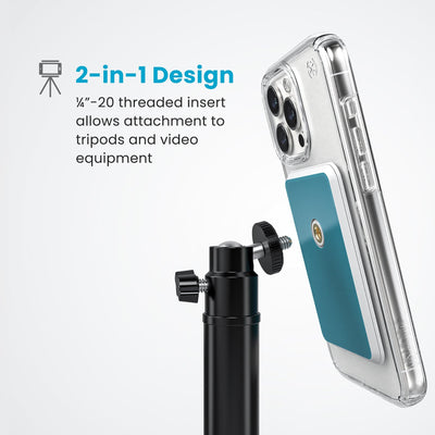 Phone in a clear case with Everywhere Mount attached hovering next to a camera tripod. Text reads 2-in-1 design - 1/4-20 threaded insert allows attachment to tripods and video equipment#color_chantilly-white-serene-silver