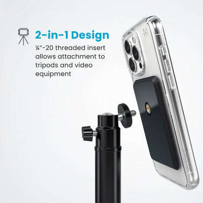 Phone in a clear case with Everywhere Mount attached hovering next to a camera tripod. Text reads 2-in-1 design - 1/4-20 threaded insert allows attachment to tripods and video equipment#color_black-slate-grey