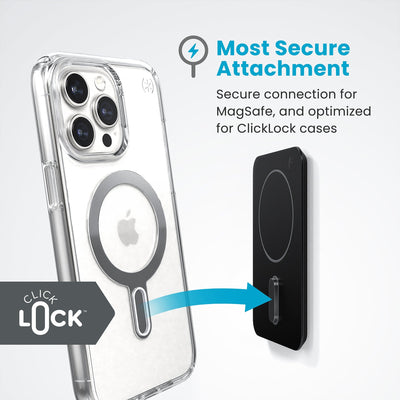 Everywhere Mount with ClickLock attachment bolt extended to illustrate how it attaches to a phone case. Text reads Most Secure Attachment - Secure connection for MagSafe, and optimized for ClickLock cases#color_black-slate-grey