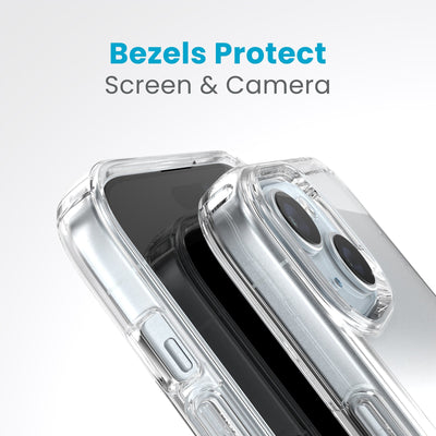 A case with phone inside with camera facing up is lying on top of a case with phone inside with screen facing up. Both are at a sharp angle clearly showing case's raised bezels around screen and camera. Text reads bezels protect screen and camera.#color_clear