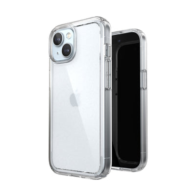 Three-quarter view of back of phone case simultaneously shown with three-quarter front view of phone case.#color_clear