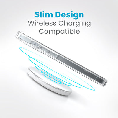 Side view of a case with a phone inside hovering over a wireless charger with concentric circles eminating from charger to signify power transfer. Text in image reads slim design - wireless charging compatible.#color_clear