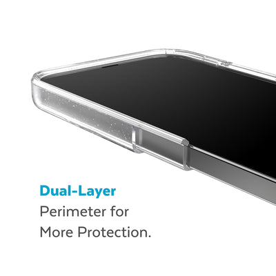 Cutaway view of case showing interior and exterior layers - Dual layer perimeter for more protection.#color_clear-platinum-glitter