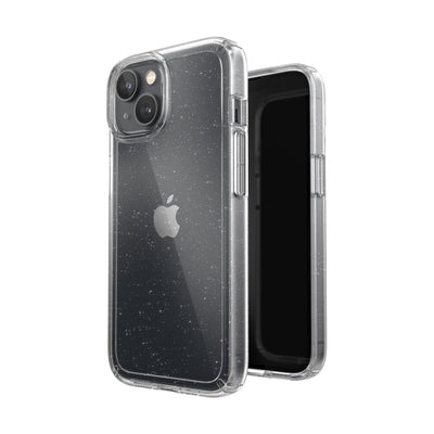 Three-quarter view of back of phone case simultaneously shown with three-quarter front view of phone case#color_clear-platinum-glitter