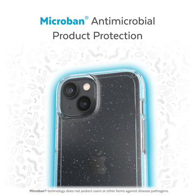 Back view of phone case with halo protecting it from bacteria - Microban antimicrobial product protection.#color_clear-platinum-glitter