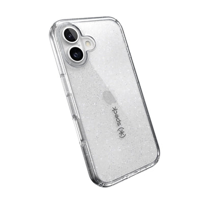 Tilted slight perspective view of back of phone case with phone inside#color_clear-platinum-glitter