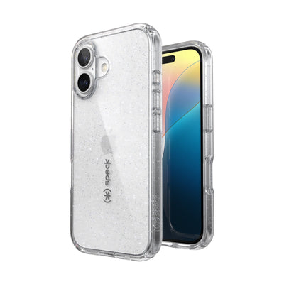 Three-quarter view of back of phone case with phone inside shown over top of front view of phone case with phone inside#color_clear-platinum-glitter