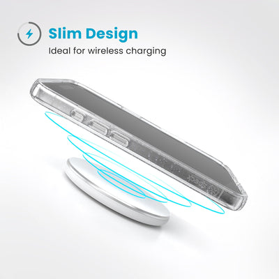 A phone in the case hovers above a wireless charger. Text reads Slim Design: Ideal for wireless charging#color_clear-platinum-glitter