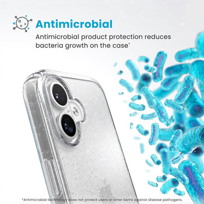 Bacteria is shown around phone case but not on it. Text reads Antimicrobial: Antimicrobial product protection reduces bacteria growth on the case (Antimicrobial technology does not protect users or other items against disease pathogens)#color_clear-platinum-glitter