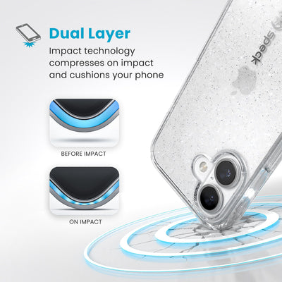 A corner of the case impacts the ground - a diagram shows interior cushion of phone before impact and on impact. Text reads Dual Layer: Impact technology compresses on impact and cushions your phone#color_clear-platinum-glitter