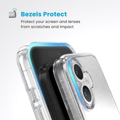 Raised bezels around phone screen and camera are highlighted. Text reads Bezels Protect: Protect your screen and lenses from scratches and impact#color_clear-platinum-glitter