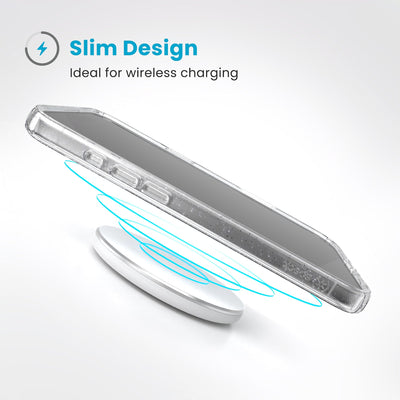 A phone in the case hovers above a wireless charger. Text reads Slim Design: Ideal for wireless charging#color_clear-platinum-glitter