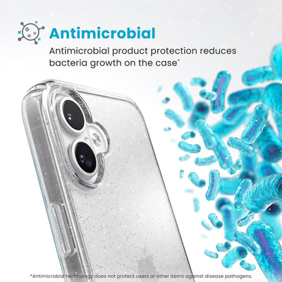 Bacteria is shown around phone case but not on it. Text reads Antimicrobial: Antimicrobial product protection reduces bacteria growth on the case (Antimicrobial technology does not protect users or other items against disease pathogens)#color_clear-platinum-glitter