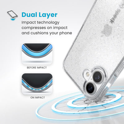 A corner of the case impacts the ground - a diagram shows interior cushion of phone before impact and on impact. Text reads Dual Layer: Impact technology compresses on impact and cushions your phone#color_clear-platinum-glitter