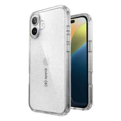 Three-quarter view of back of phone case with phone inside shown over top of front view of phone case with phone inside#color_clear-platinum-glitter