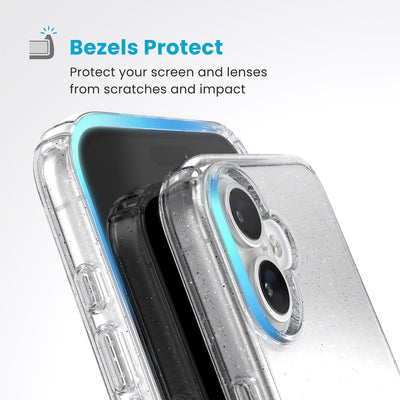 Raised bezels around phone screen and camera are highlighted. Text reads Bezels Protect: Protect your screen and lenses from scratches and impact#color_clear-platinum-glitter