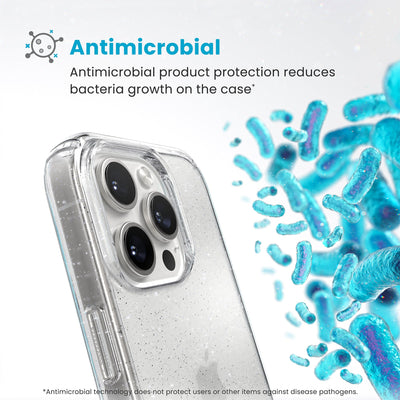 Bacteria is shown around phone case but not on it. Text reads Antimicrobial: Antimicrobial product protection reduces bacteria growth on the case (Antimicrobial technology does not protect users or other items against disease pathogens)#color_clear-platinum-glitter