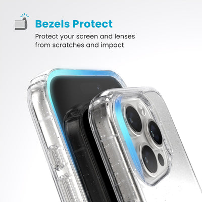 Raised bezels around phone screen and camera are highlighted. Text reads Bezels Protect: Protect your screen and lenses from scratches and impact#color_clear-platinum-glitter