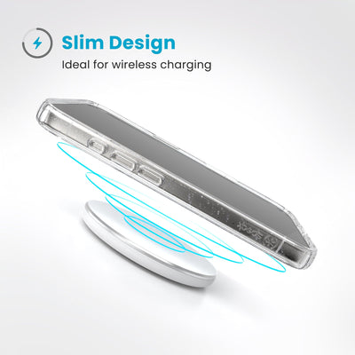 A phone in the case hovers above a wireless charger. Text reads Slim Design: Ideal for wireless charging#color_clear-platinum-glitter