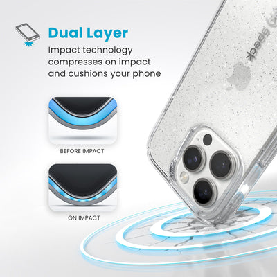 A corner of the case impacts the ground - a diagram shows interior cushion of phone before impact and on impact. Text reads Dual Layer: Impact technology compresses on impact and cushions your phone#color_clear-platinum-glitter