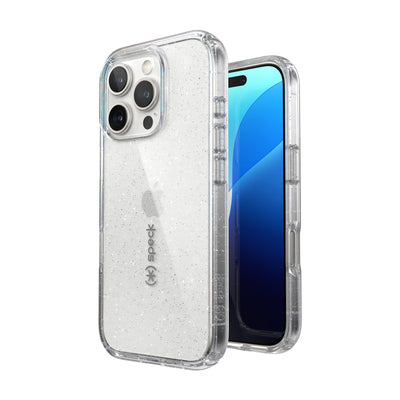 Three-quarter view of back of phone case with phone inside shown over top of front view of phone case with phone inside#color_clear-platinum-glitter