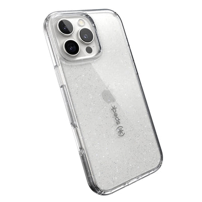 Tilted slight perspective view of back of phone case with phone inside#color_clear-platinum-glitter