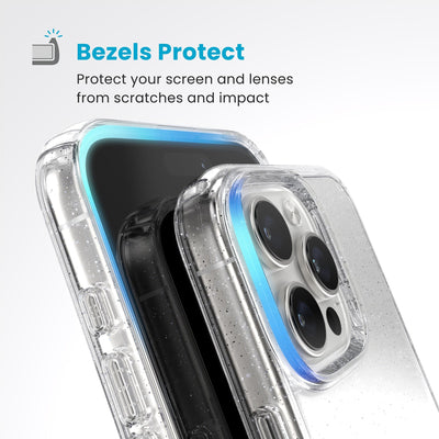 Raised bezels around phone screen and camera are highlighted. Text reads Bezels Protect: Protect your screen and lenses from scratches and impact#color_clear-platinum-glitter