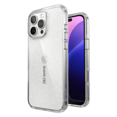 Three-quarter view of back of phone case with phone inside shown over top of front view of phone case with phone inside#color_clear-platinum-glitter