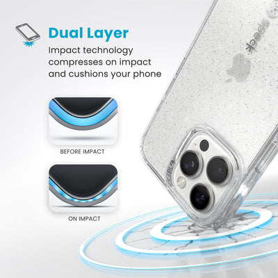 A corner of the case impacts the ground - a diagram shows interior cushion of phone before impact and on impact. Text reads Dual Layer: Impact technology compresses on impact and cushions your phone#color_clear-platinum-glitter