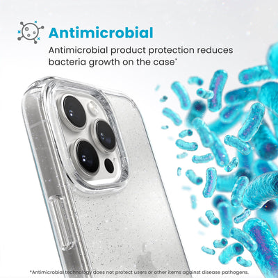 Bacteria is shown around phone case but not on it. Text reads Antimicrobial: Antimicrobial product protection reduces bacteria growth on the case (Antimicrobial technology does not protect users or other items against disease pathogens)#color_clear-platinum-glitter