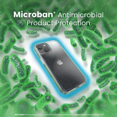 A case with phone inside is surrounded by bacteria. A blue halo around the phone keeps the bacteria away. Text reads Microban antimicrobial product protection. Microban technology does not protect users or other items against disease pathogens.#color_clear-platinum-glitter