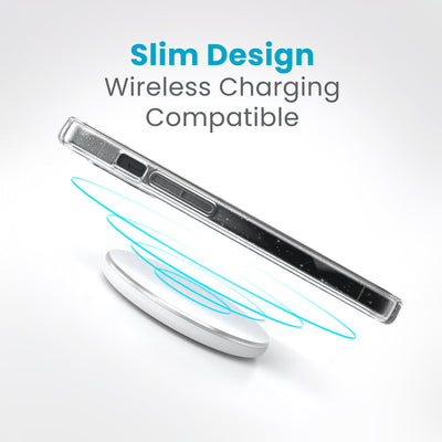 Side view of a case with a phone inside hovering over a wireless charger with concentric circles eminating from charger to signify power transfer. Text in image reads slim design - wireless charging compatible.#color_clear-platinum-glitter