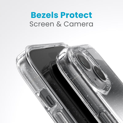 A case with phone inside with camera facing up is lying on top of a case with phone inside with screen facing up. Both are at a sharp angle clearly showing case's raised bezels around screen and camera. Text reads bezels protect screen and camera.#color_clear-platinum-glitter