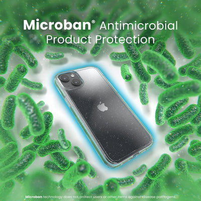 A case with phone inside is surrounded by bacteria. A blue halo around the phone keeps the bacteria away. Text reads Microban antimicrobial product protection. Microban technology does not protect users or other items against disease pathogens.#color_clear-platinum-glitter